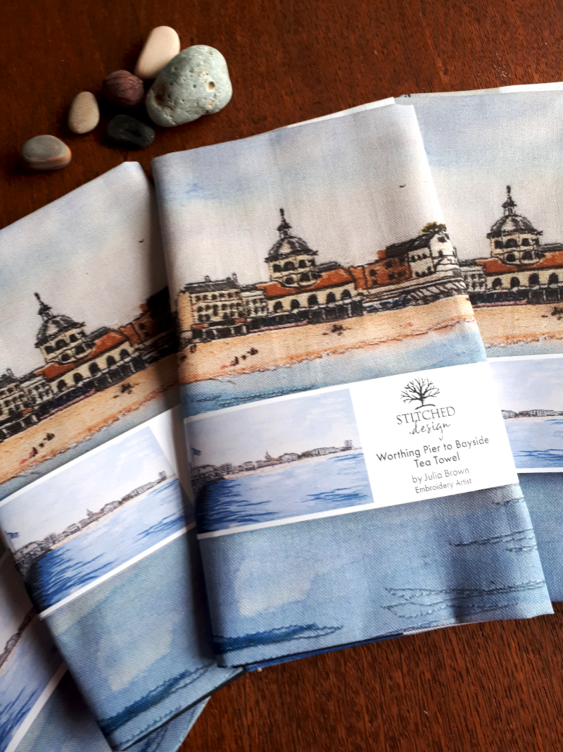 printed tea towels with picture of Worthing Pier to Bayside embroidered picture